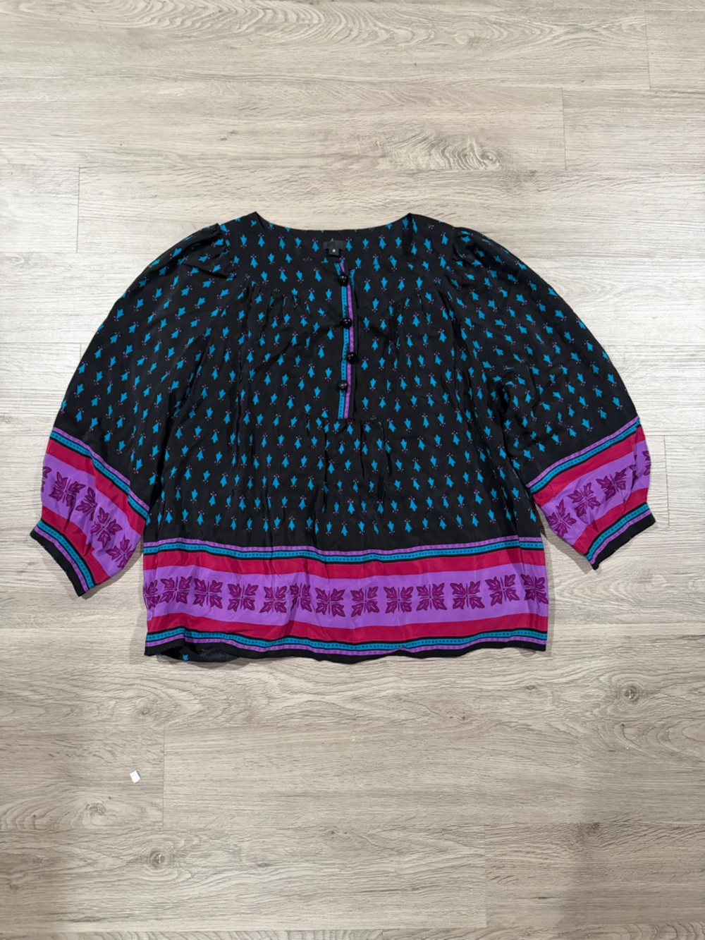 Anna Sui Boho Black & Purple Patterned Peasant Top